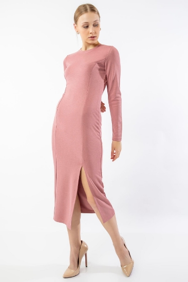 Picture of Knitted Fabric Below the Knee Size Narrow Mold Slit Detailed Women's Dress - Rose Dried
