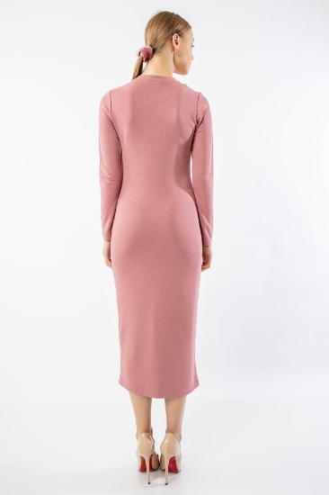 Picture of Knitted Fabric Below the Knee Size Narrow Mold Slit Detailed Women's Dress - Rose Dried