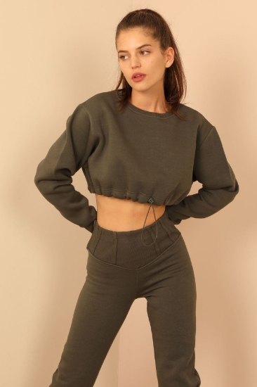 Picture of Knitted Fabric Long Sleeve Bicycle Collar Waist Ruffled Women's Crop - Khaki