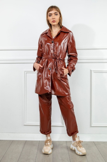 Picture of Patent Leather Fabric Long Sleeve Shirt Collar Women's Trench Coat - Tile