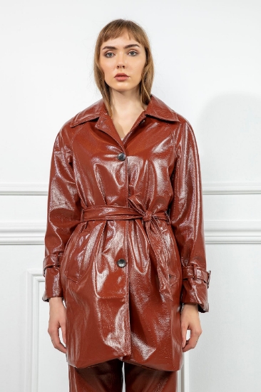 Picture of Patent Leather Fabric Long Sleeve Shirt Collar Women's Trench Coat - Tile