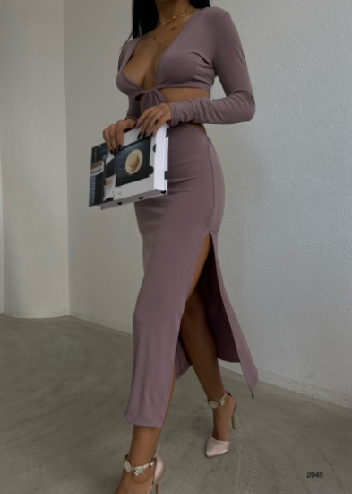 Picture of Long Sleeve Slit Dress with Chest Cleavage