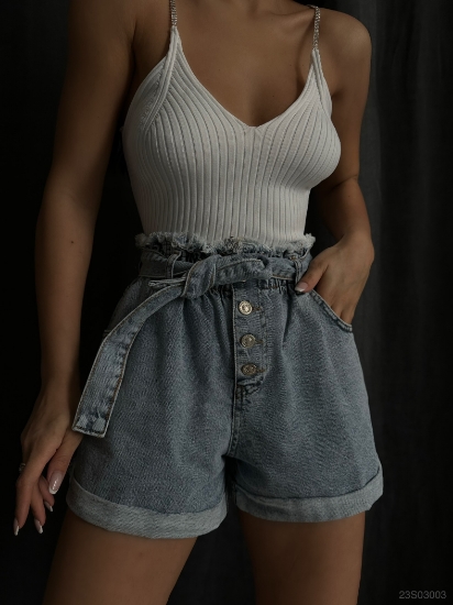 Picture of Belted Waist Shirred Denim Shorts