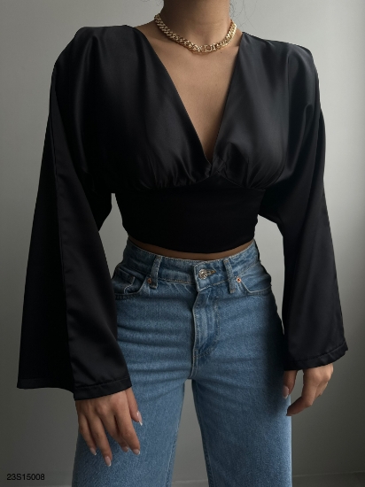 Picture of Bat Sleeve Lace-Up Crop Blouse