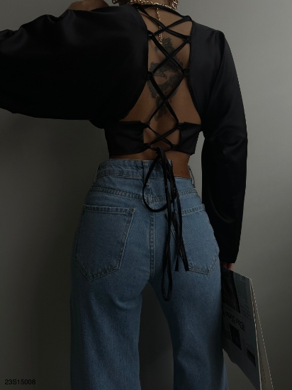 Picture of Bat Sleeve Lace-Up Crop Blouse