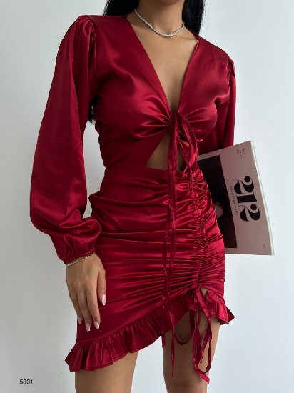 Picture of Low-Cut Satin Dress with V-Neck Drawstring