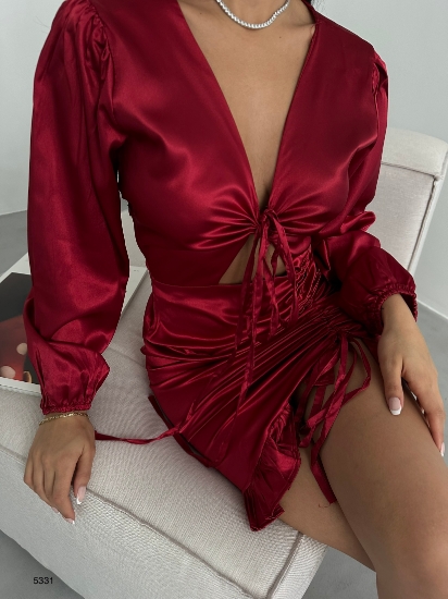 Picture of Low-Cut Satin Dress with V-Neck Drawstring