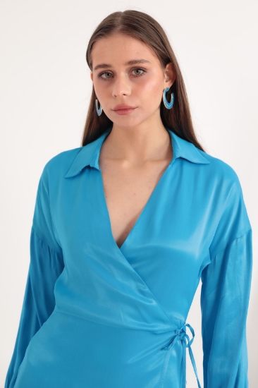 Picture of Satin Fabric Anvelop Binding Detail Women's Dress-Blue