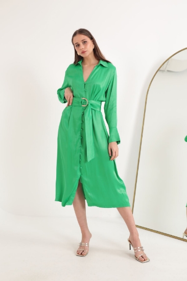 Picture of Satin Fabric Button Detail Wide Cuff Midi Women's Dress-Green