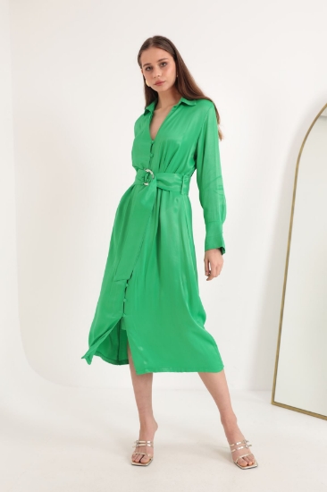 Picture of Satin Fabric Button Detail Wide Cuff Midi Women's Dress-Green