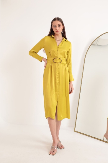 Picture of Satin Fabric Button Detail Wide Cuff Midi Women Dress-OIL GREEN
