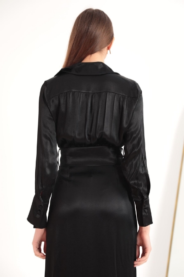 Picture of Satin Fabric Button Detail Wide Cuff Midi Women Dress-Black