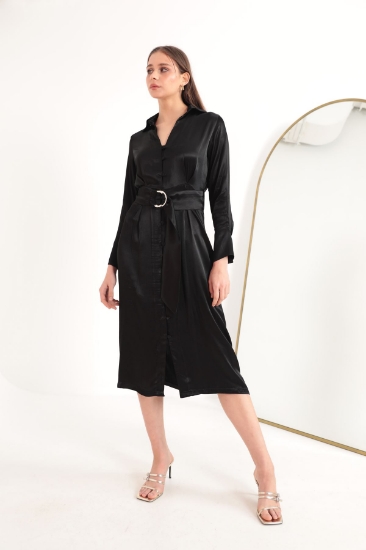 Picture of Satin Fabric Button Detail Wide Cuff Midi Women Dress-Black