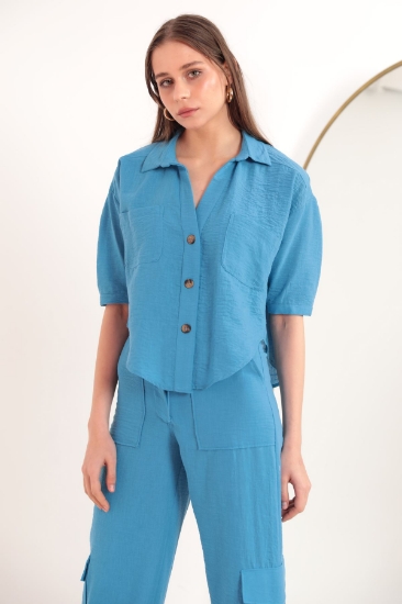 Picture of Linen Fabric Crop Oversize Women's Shirt-Blue