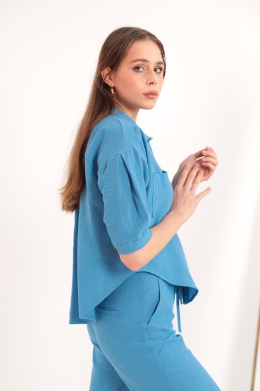 Picture of Linen Fabric Crop Oversize Women's Shirt-Blue