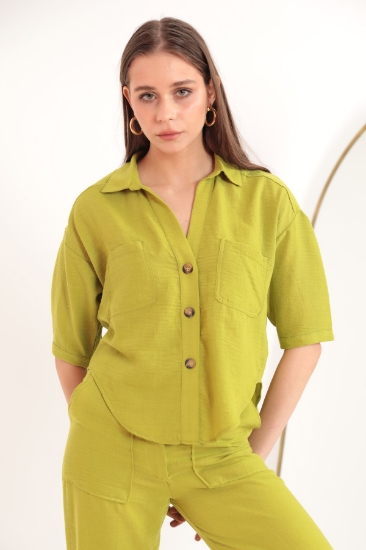 Picture of Linen Fabric Crop Oversize Women's Shirt-OIL GREEN