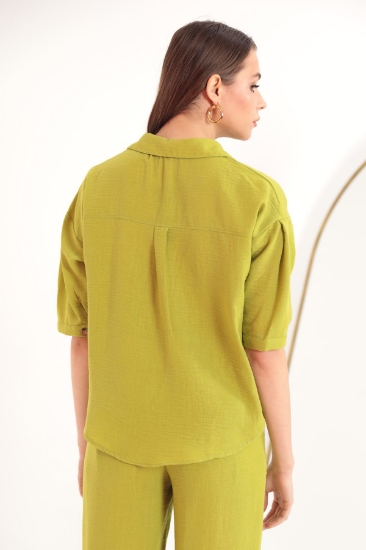 Picture of Linen Fabric Crop Oversize Women's Shirt-OIL GREEN
