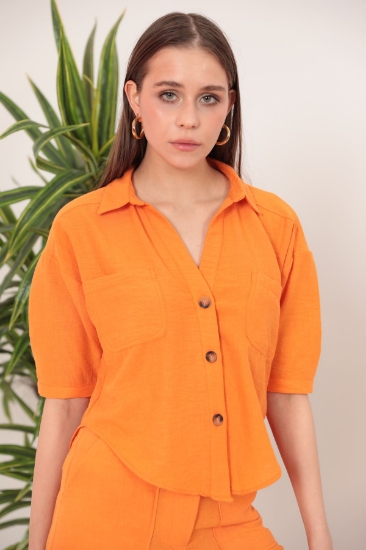Picture of Linen Fabric Crop Oversize Women's Shirt-Orange