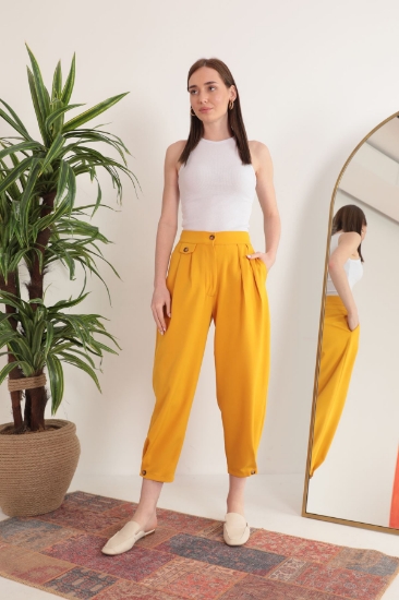 Picture of Atlas Fabric Pleated Shalwar Women's Pants-Mustard