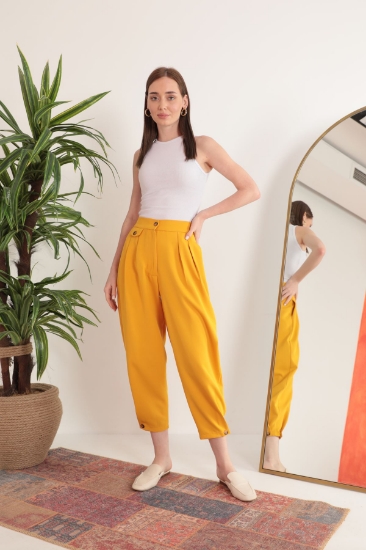 Picture of Atlas Fabric Pleated Shalwar Women's Pants-Mustard