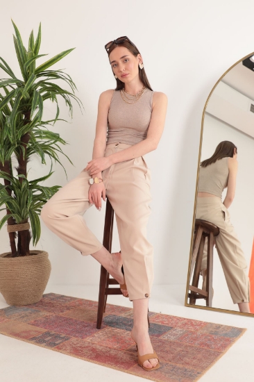 Picture of Atlas Fabric Pleated Shalwar Women's Pants-Beige