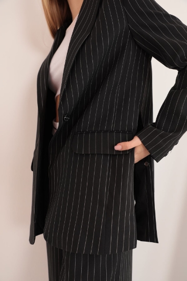 Picture of Polyviscose Striped Fabric Sides Slit Detail Women's Jacket-Black