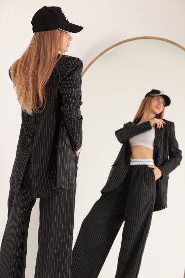 Picture of Polyviscose Striped Fabric Sides Slit Detail Women's Jacket-Black
