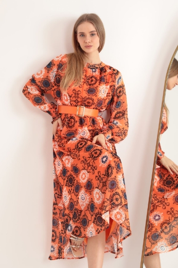 Picture of Chiffon Fabric Ethnic Pattern Waist Belted Sleeves Gipeli Women Dress-Orange