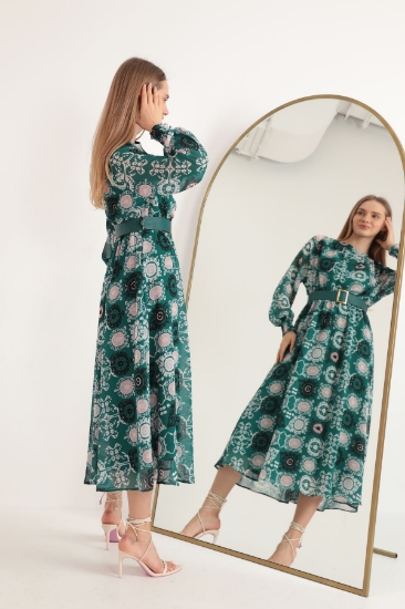 Picture of Chiffon Fabric Ethnic Pattern Waist Belted Sleeves Gipeli Women Dress-Green