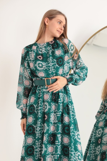 Picture of Chiffon Fabric Ethnic Pattern Waist Belted Sleeves Gipeli Women Dress-Green