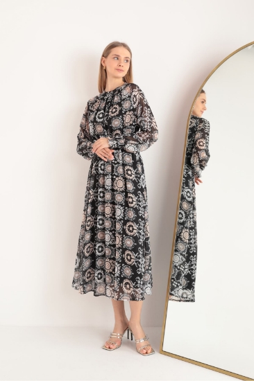 Picture of Chiffon Fabric Ethnic Pattern Waist Belted Sleeves Gipeli Women Dress-Black