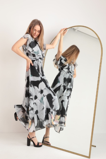 Picture of Chiffon Fabric Watercolor Effect Aller Women's Dress-Black
