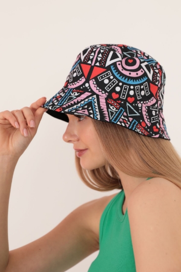 Picture of Double Sided Geometric Pattern Bucket Hat-Black