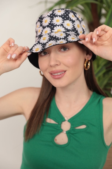 Picture of Double Sided Daisy Patterned Bucket Hat-Black