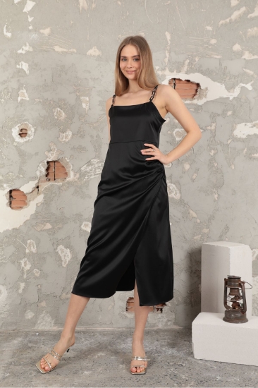 Picture of Satin Fabric Accessory Strap Detailed Drappeed Women Dress-Black