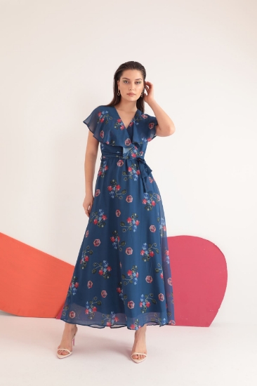 Picture of Chiffon Fabric Embroidery Patterned Aller Women's Dress-Indigo