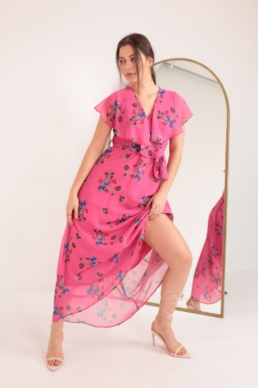 Picture of Chiffon Fabric Embroidery Patterned Aller Women's Dress-Fuchsia