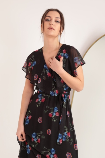 Picture of Chiffon Fabric Embroidery Patterned Aller Women's Dress-Black