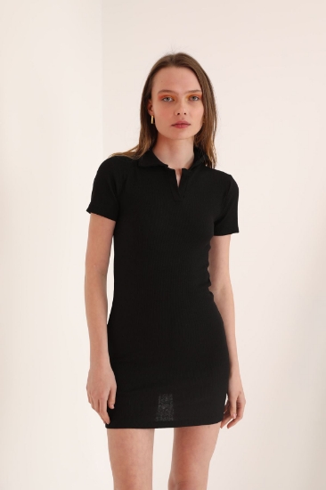 Picture of Eyebrow Corset Fabric Polo Collar Women's Dress-Black