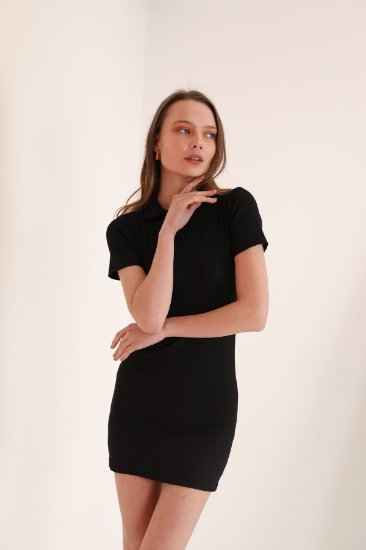 Picture of Eyebrow Corset Fabric Polo Collar Women's Dress-Black
