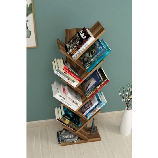 Picture of Bofigo Wood Bookcase Decorative Bookcase Shelf Organizer Book Shelf Walnut